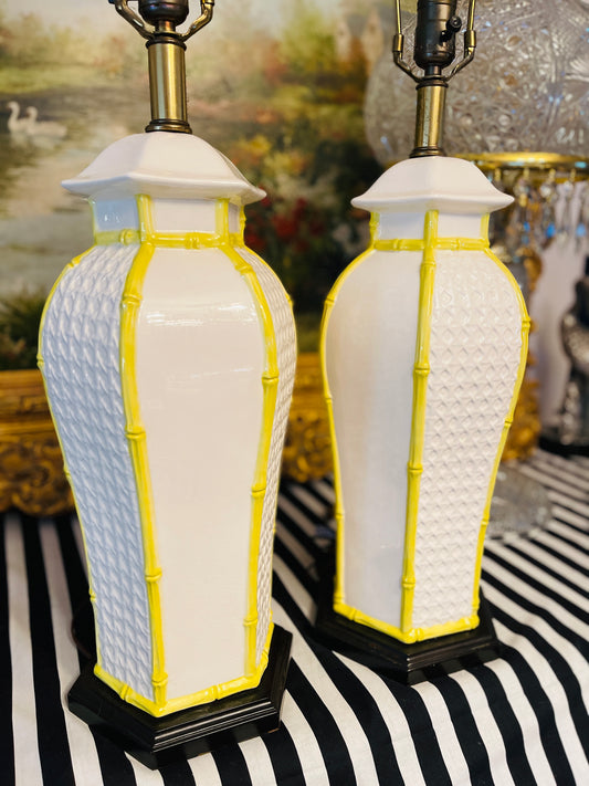 Vintage Frederick Copper Palm Beach Chic Chinoiserie Pagoda Bamboo Style Lamps, Yellow and White, Pair