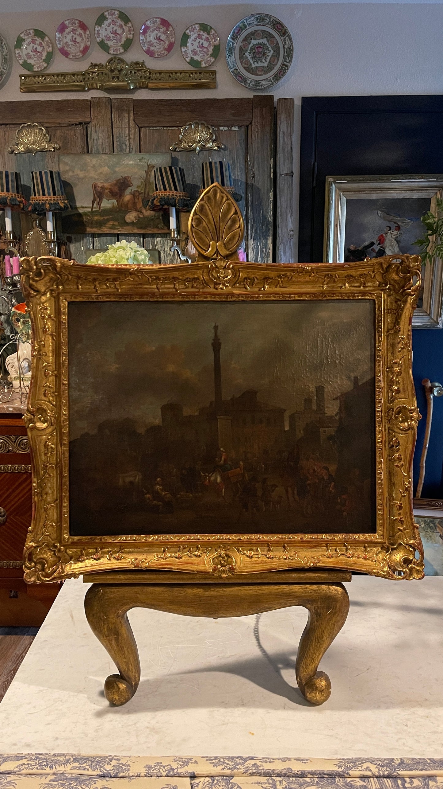 19th-Century European Oil Painting of Market Scene, Florence in an Exceptional Barbizon Frame