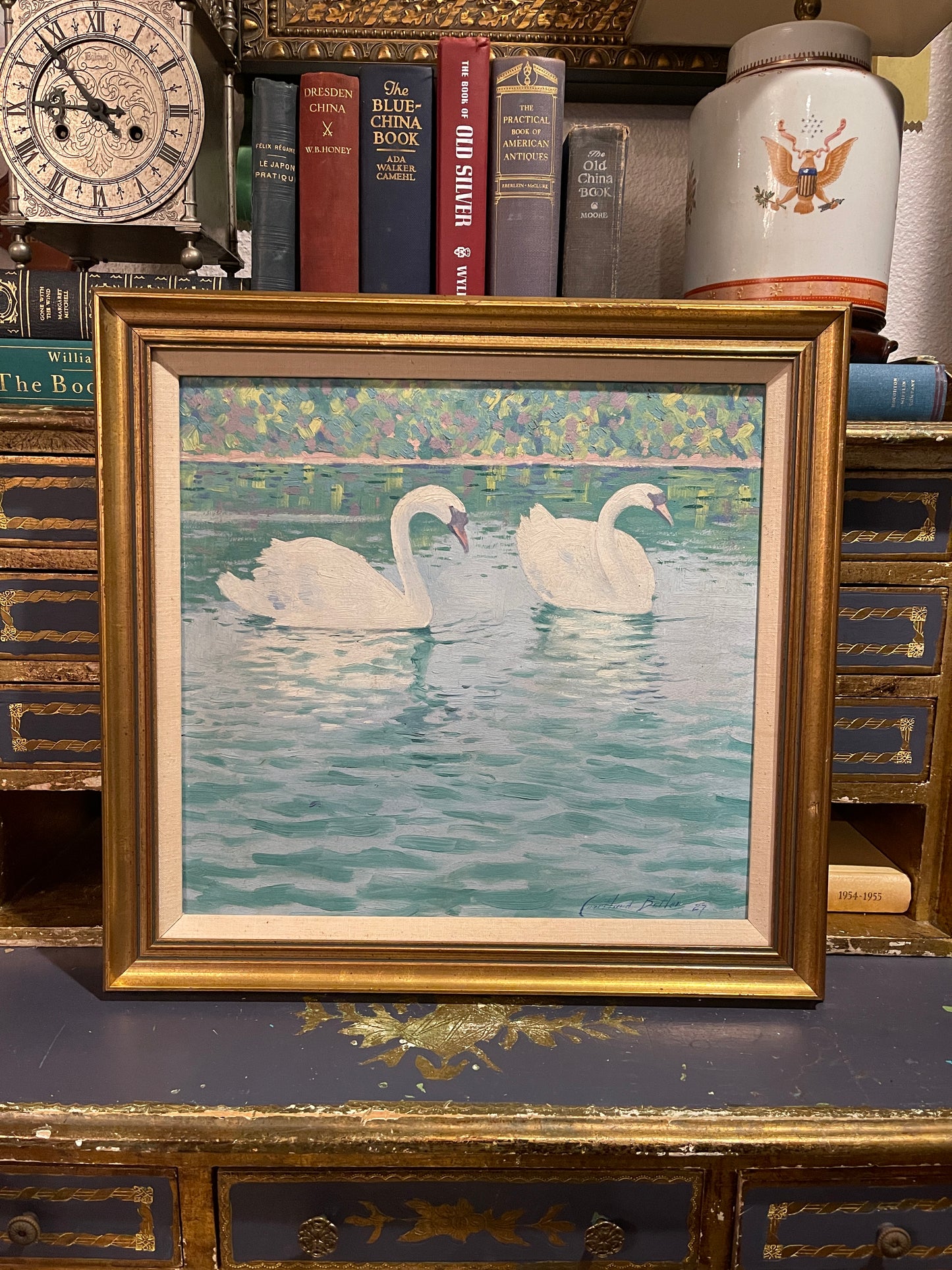 Vintage Swan Painting by Courtland Butler, artist Signed, Estate Art