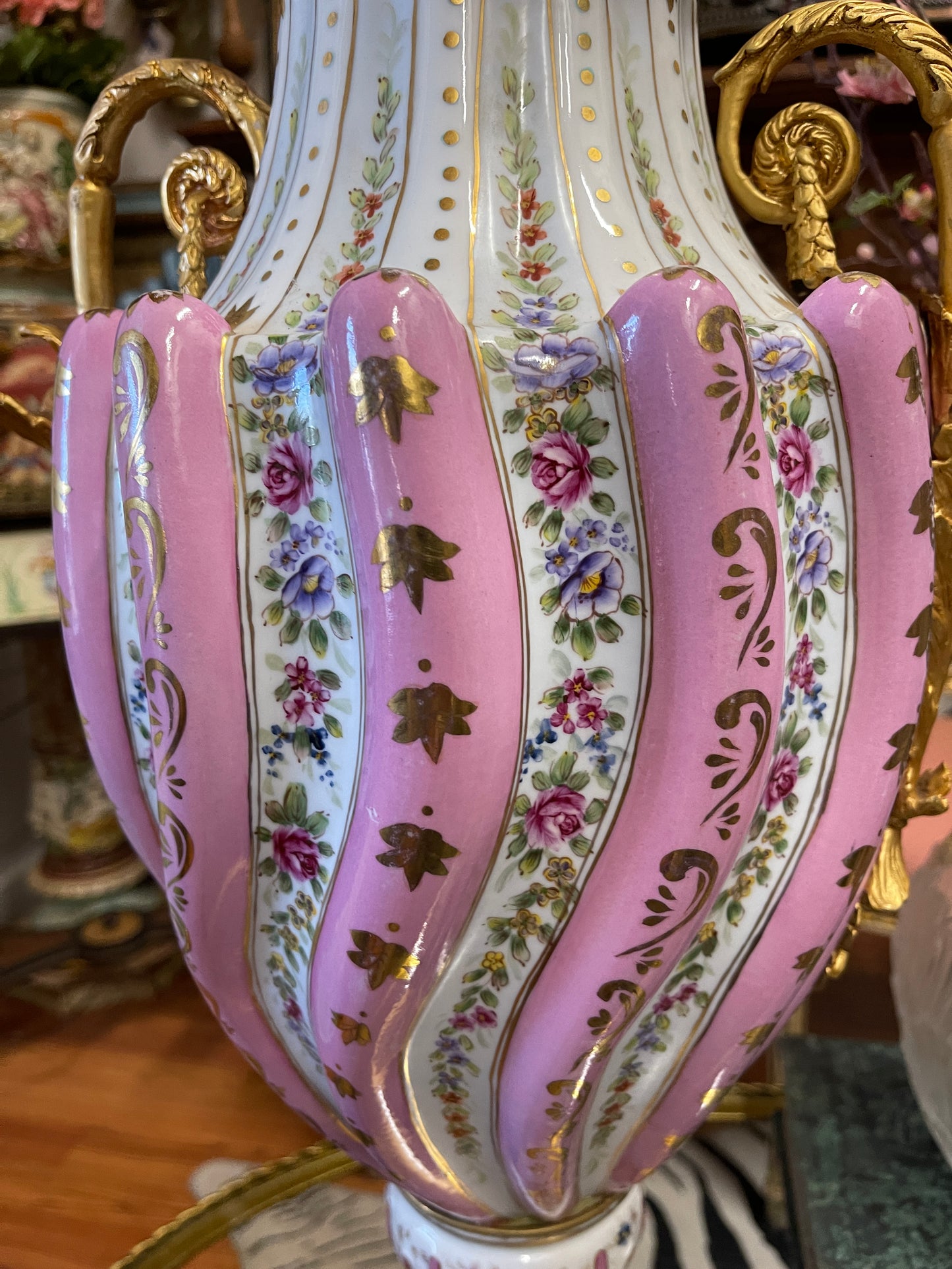 Monumental Pastel Porcelain Urns with Gilt Mounts|Pair | Grand Decorative Statement Vessels