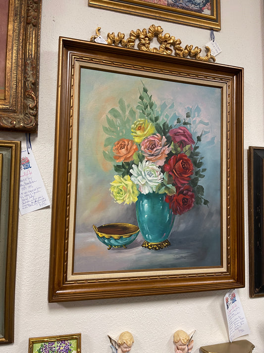 Large Painting of Roses In a Blue Vase, Vibrant Colors, Beautifully Detailed
