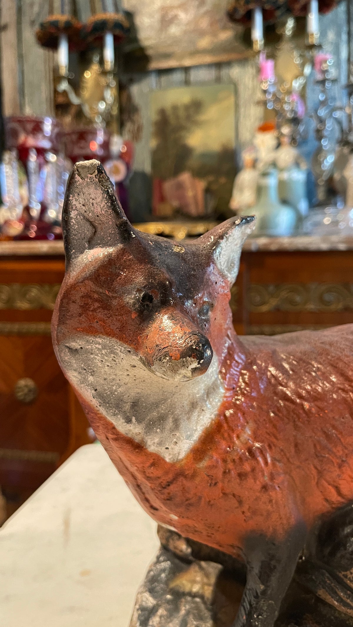 Chippy & Charming — Hand-Painted Cement Fox | 11” H × 14” L × 8” D
