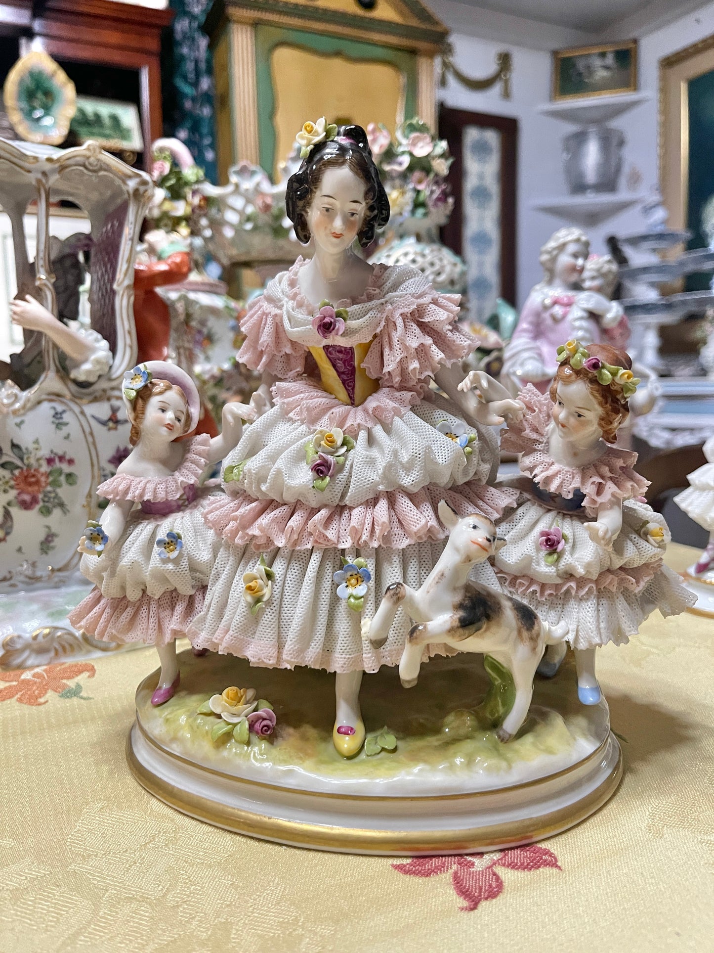 Antique Dresden Lace Porcelain Figurine Group | Mother & Daughters with Frolicking Goat | Pink & White Rococo Dress Scene