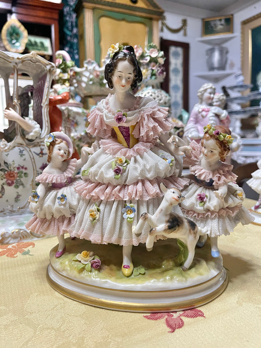 Antique Dresden Lace Porcelain Figurine Group | Mother & Daughters with Frolicking Goat | Pink & White Rococo Dress Scene