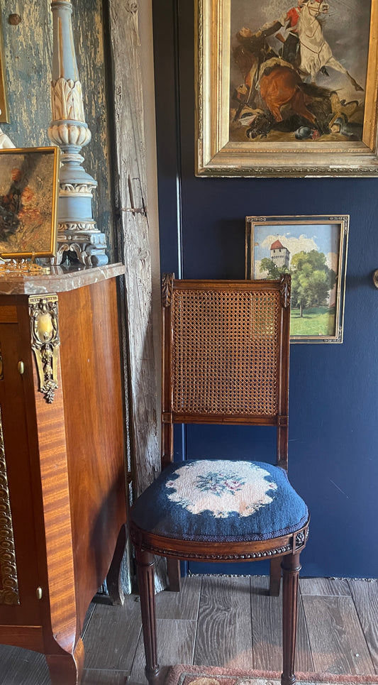 Antique French Needlepoint & Cane Chair — Louis XVI Style, Handcrafted Elegance - PICK UP ONLY
