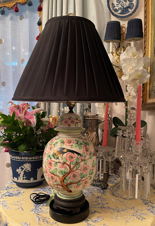 Chinoiserie Ginger Jar Lamp with Birds, Butterflies, and Pink and Green Flowers