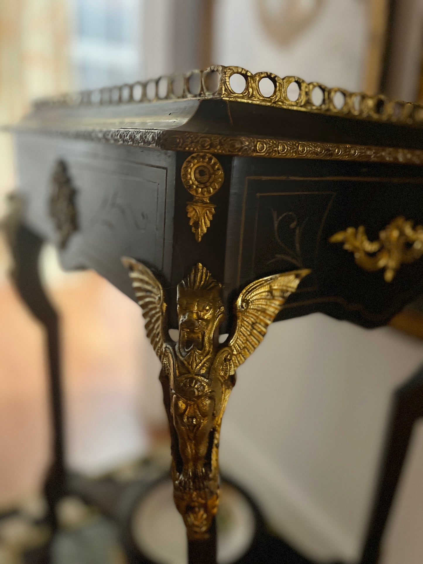 19th Century French Napoleon III Planter Table, Ebonized with Gilt Bronze