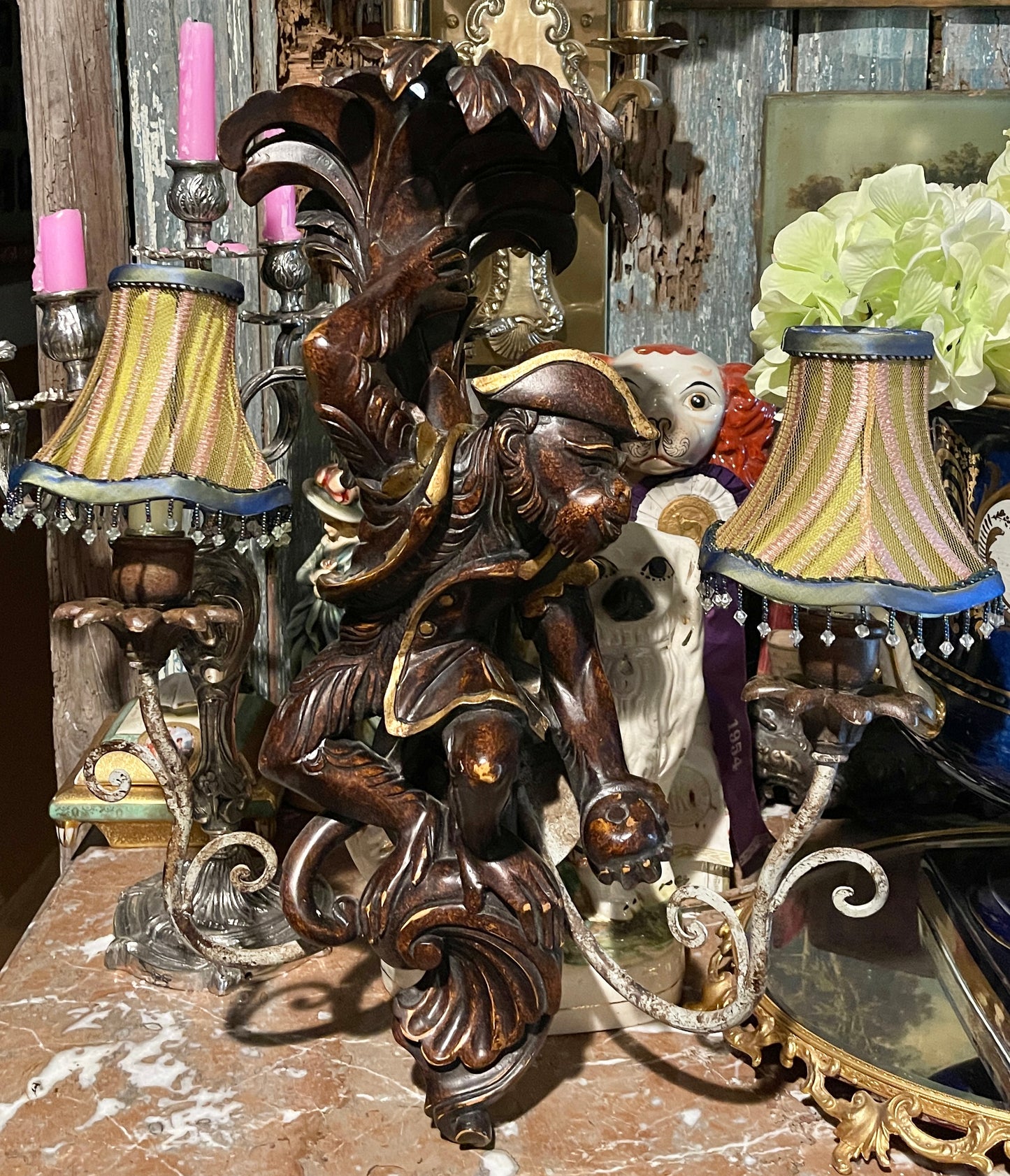 Pair of Vintage Carved Wood Monkey Sconces | Architectural Salvage Whimsical Lighting