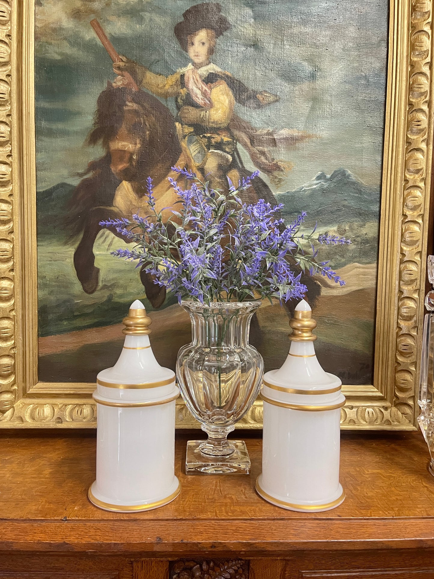 Vintage French Opaline Apothecary Jar, White with Gold Accents, Two Available