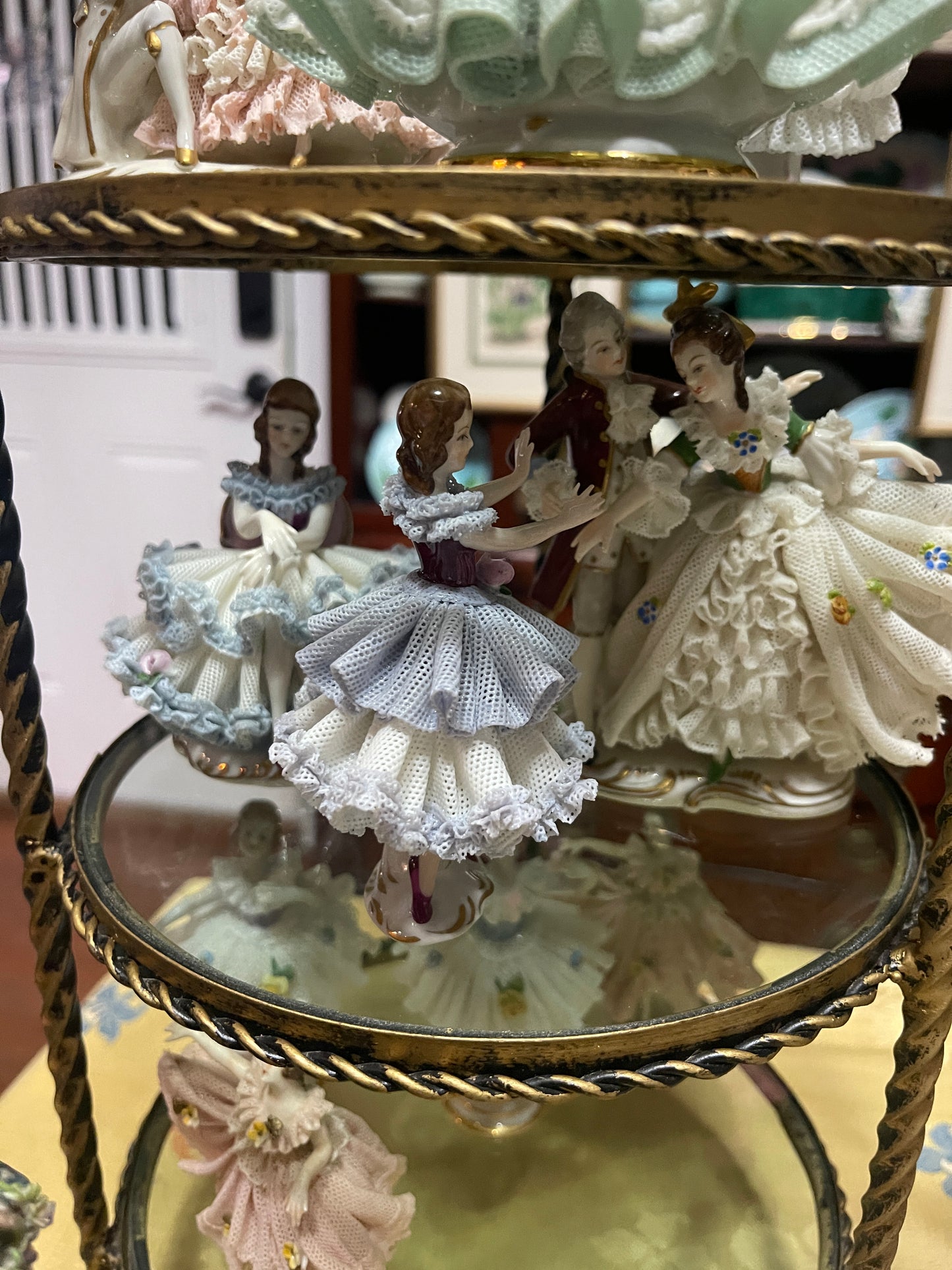 German Porcelain Dresden-Style Lace Dancer Figurine | Vintage European Porcelain 
in Lilac Lace