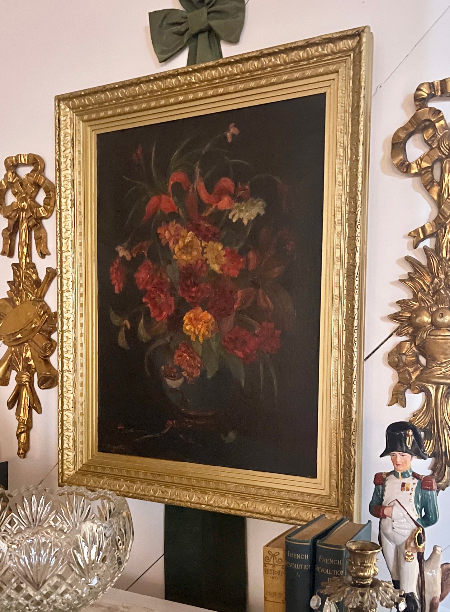 Moody Antique Floral Still Life Painting, Oil on Linen, Signed, Ornate Gold Frame