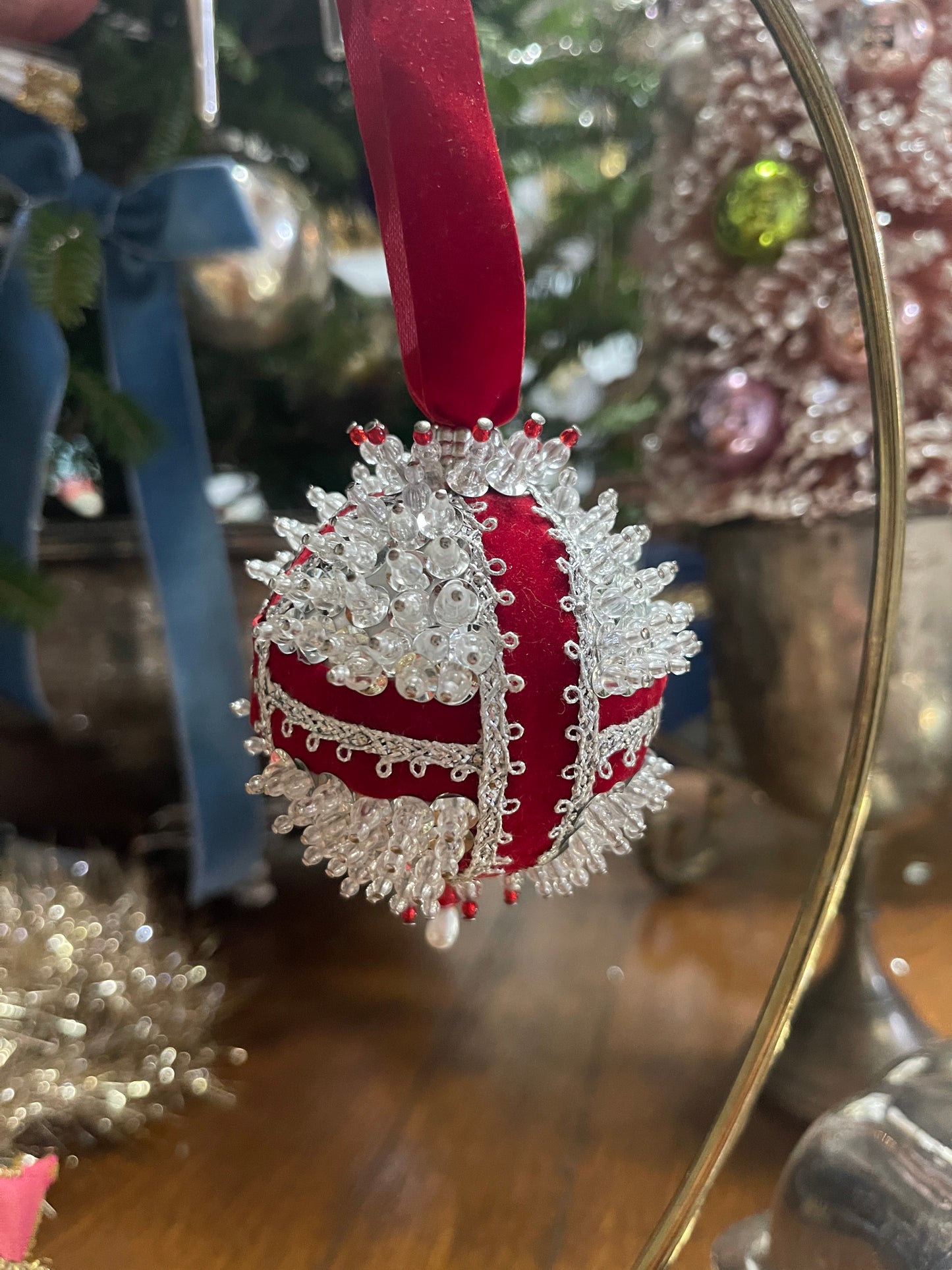 Crimson and Silver Vintage Push Pin Ornament