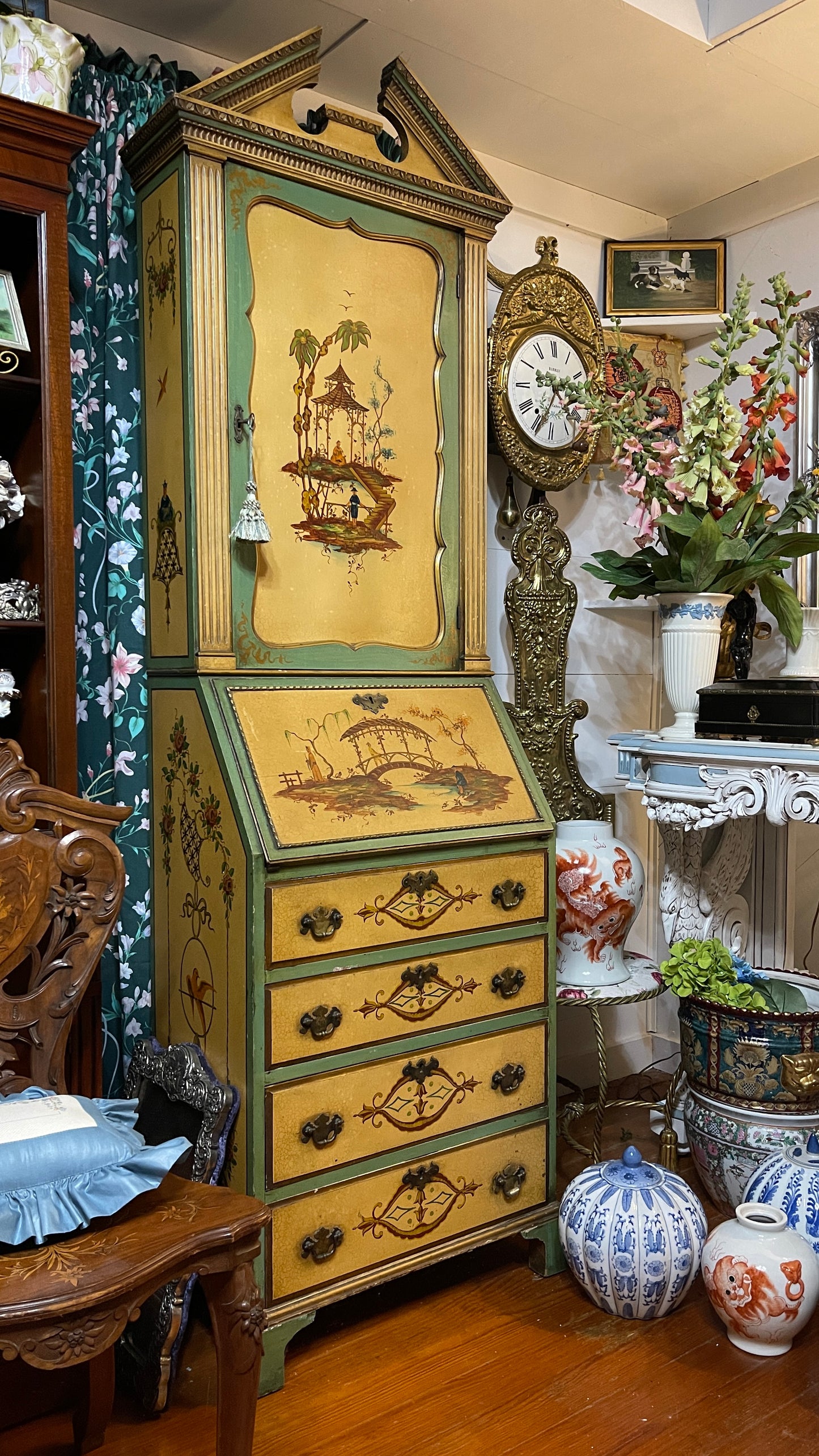 Vintage Hand-Painted Chinoiserie Secretary Desk