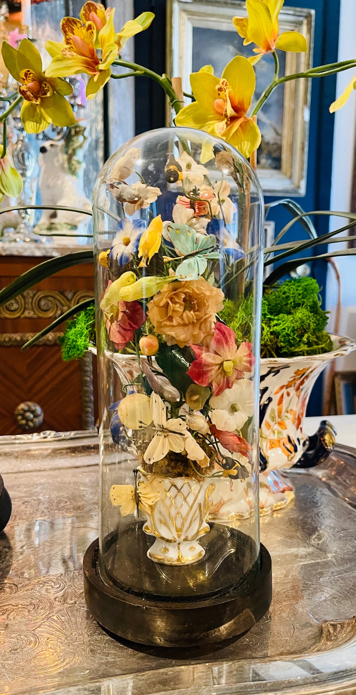Antique Victorian Silk Flowers in Porcelain Urn Under Glass Cloche