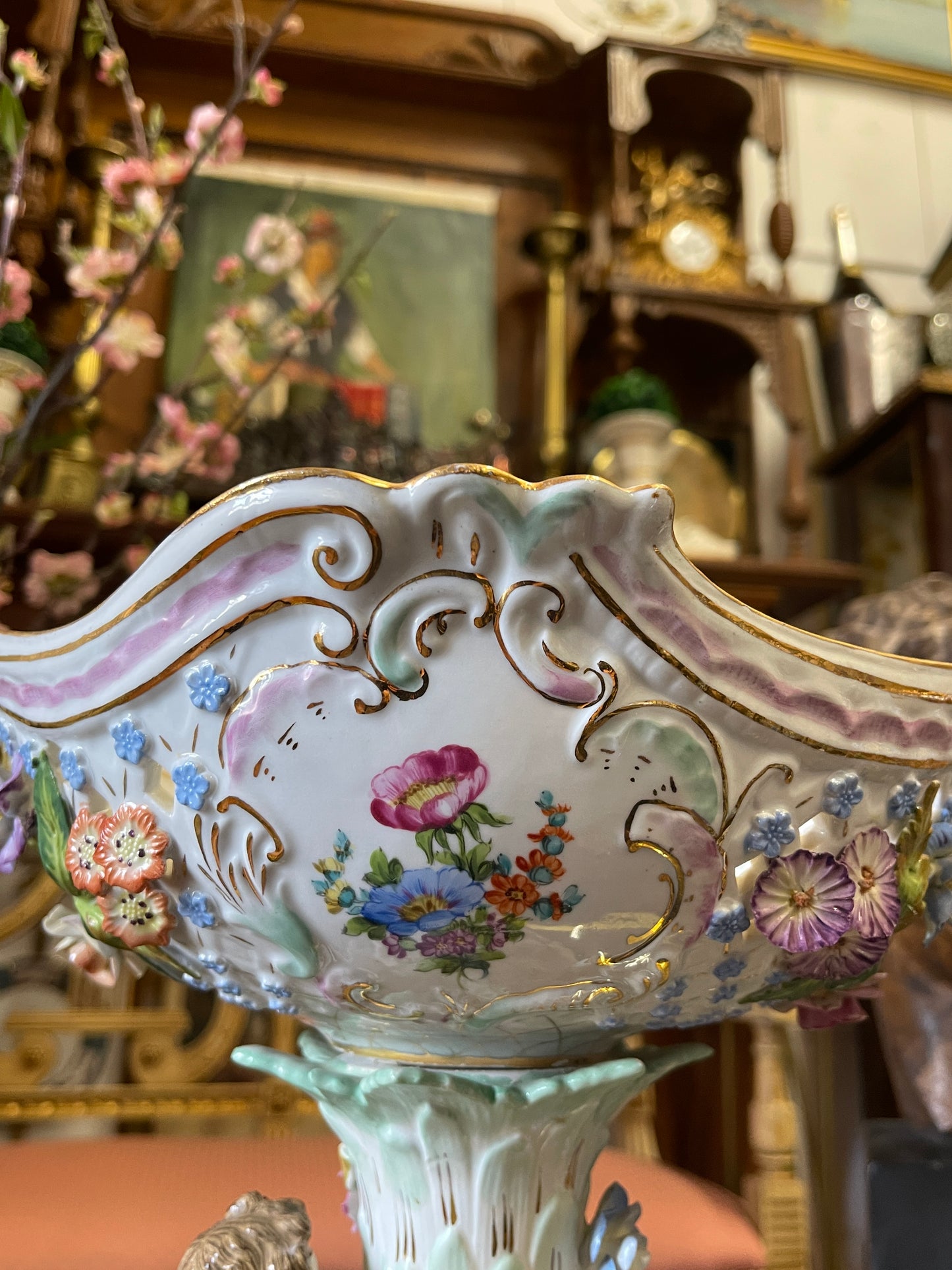 Antique Dresden Sitzendorf Figural Compote | 14” Rococo Cherub Centerpiece with Applied Flowers | c. 1900