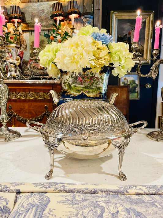 Large Silverplate Roll-Top Entrée Warmer with Claw Feet & Double Inserts
