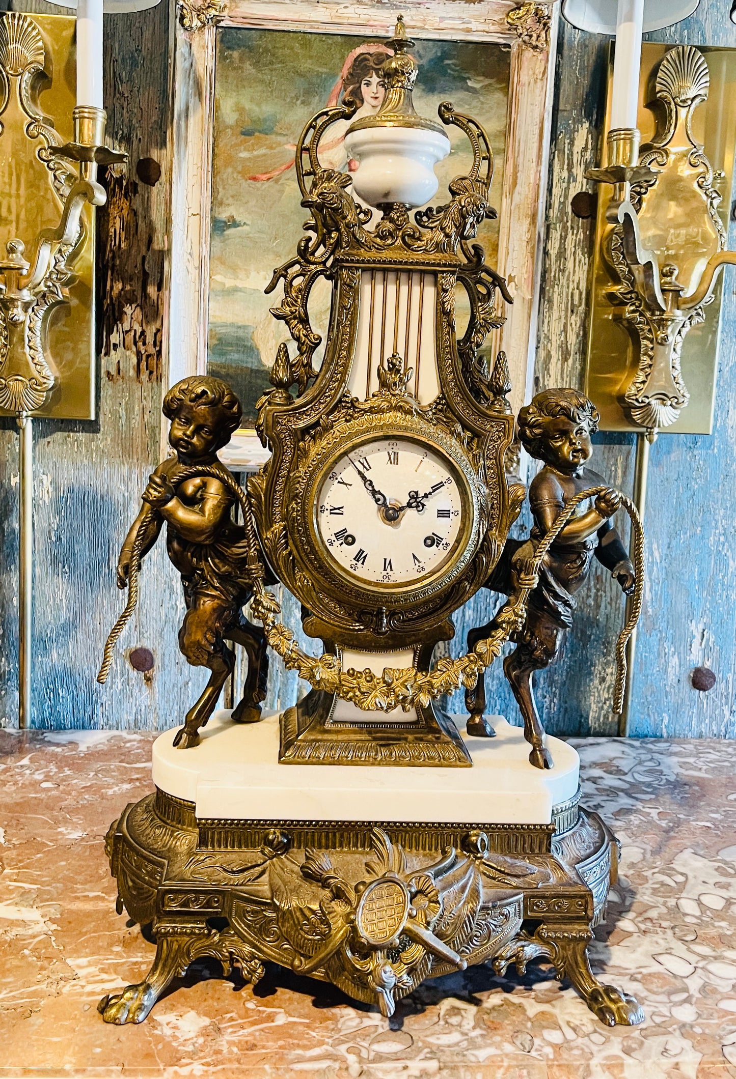 Italian Bronze & Marble Candelabra Clock Garniture Set, Putti & Neoclassical Cherub Motifs, Gilded Age Grandeur