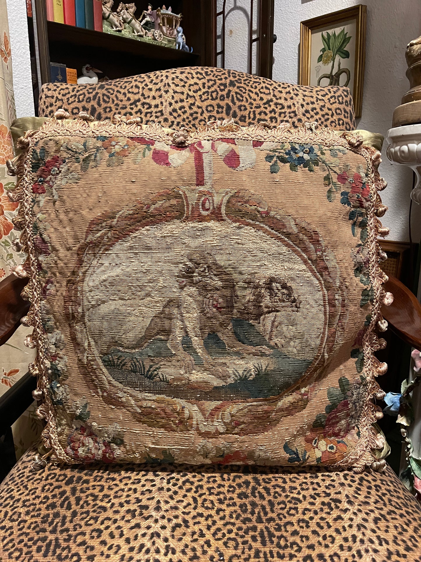 19th Century French Aubusson Tapestry Pillow – Monkey & Lion Allegory, Shunting Silk Backing
