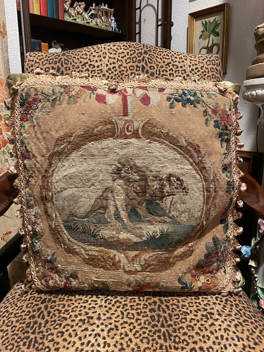 19th Century French Aubusson Tapestry Pillow – Monkey & Lion Allegory, Shunting Silk Backing
