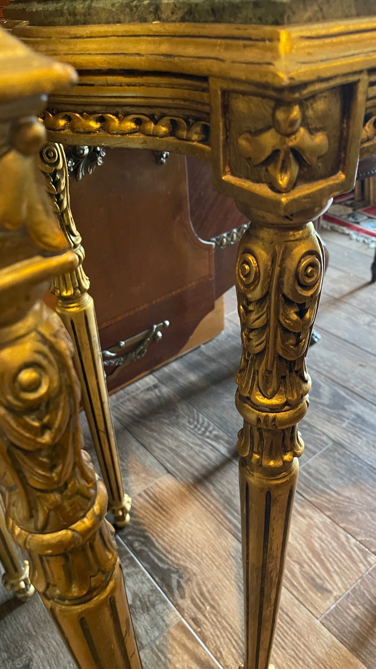 Pair of Giltwood Side Tables with Green Marble Tops | Louis XVI Style Accent Tables, Vintage, Estate Sourced