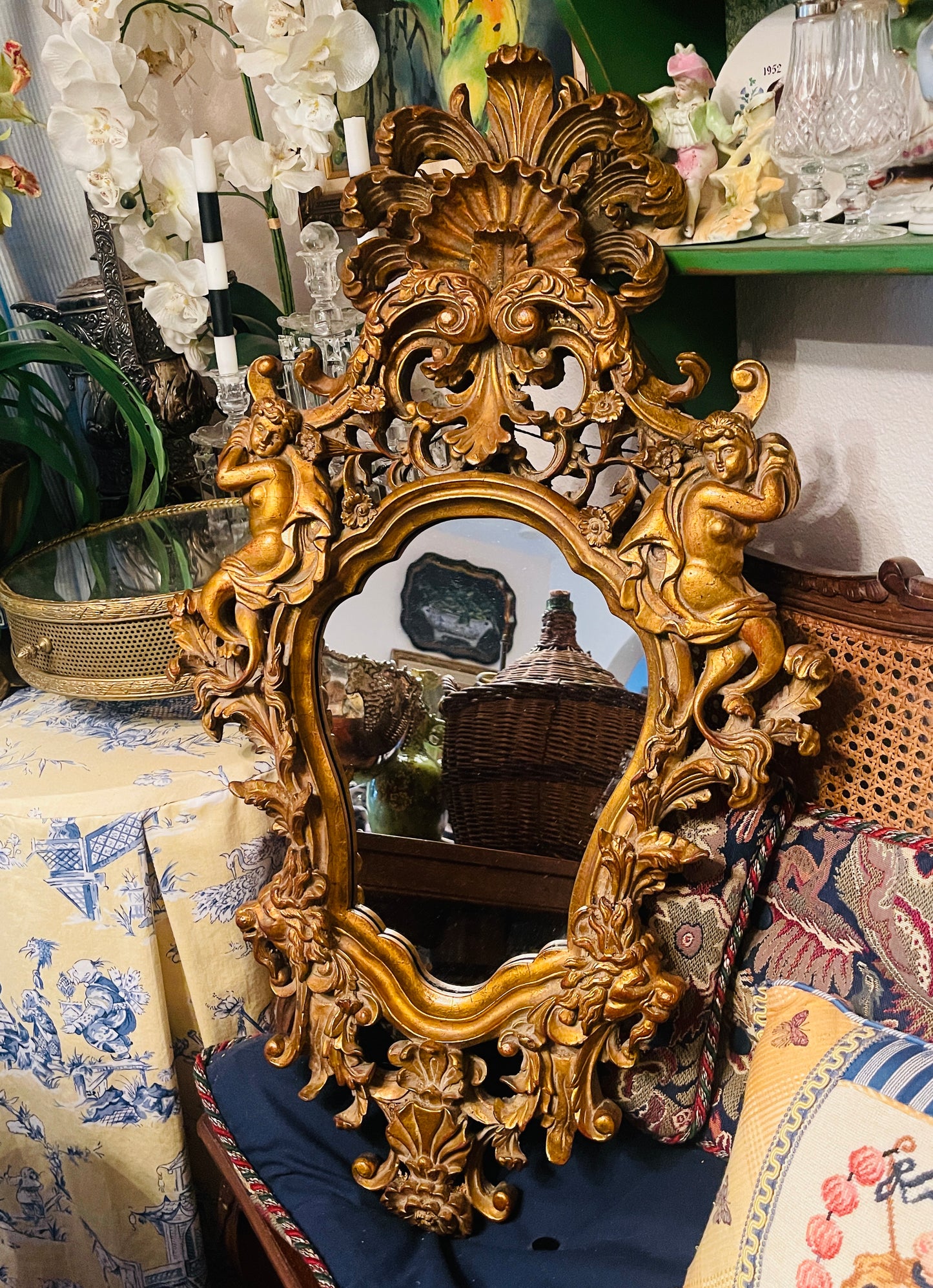 Monumental Neoclassical Rococo Giltwood Mirror with Figural Cornucopia Motifs