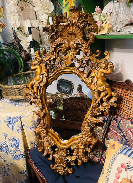 Monumental Neoclassical Rococo Giltwood Mirror with Figural Cornucopia Motifs