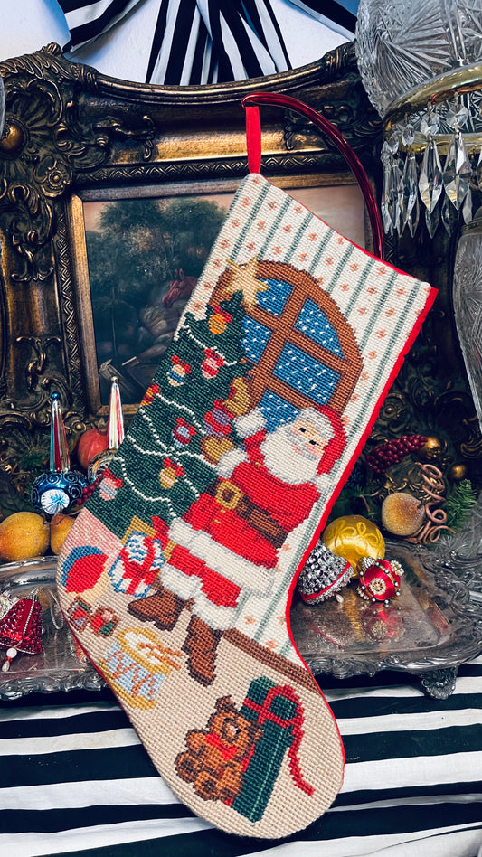 Vintage Santa Needlepoint Christmas Stocking | Grandmillennial Christmas Décor
