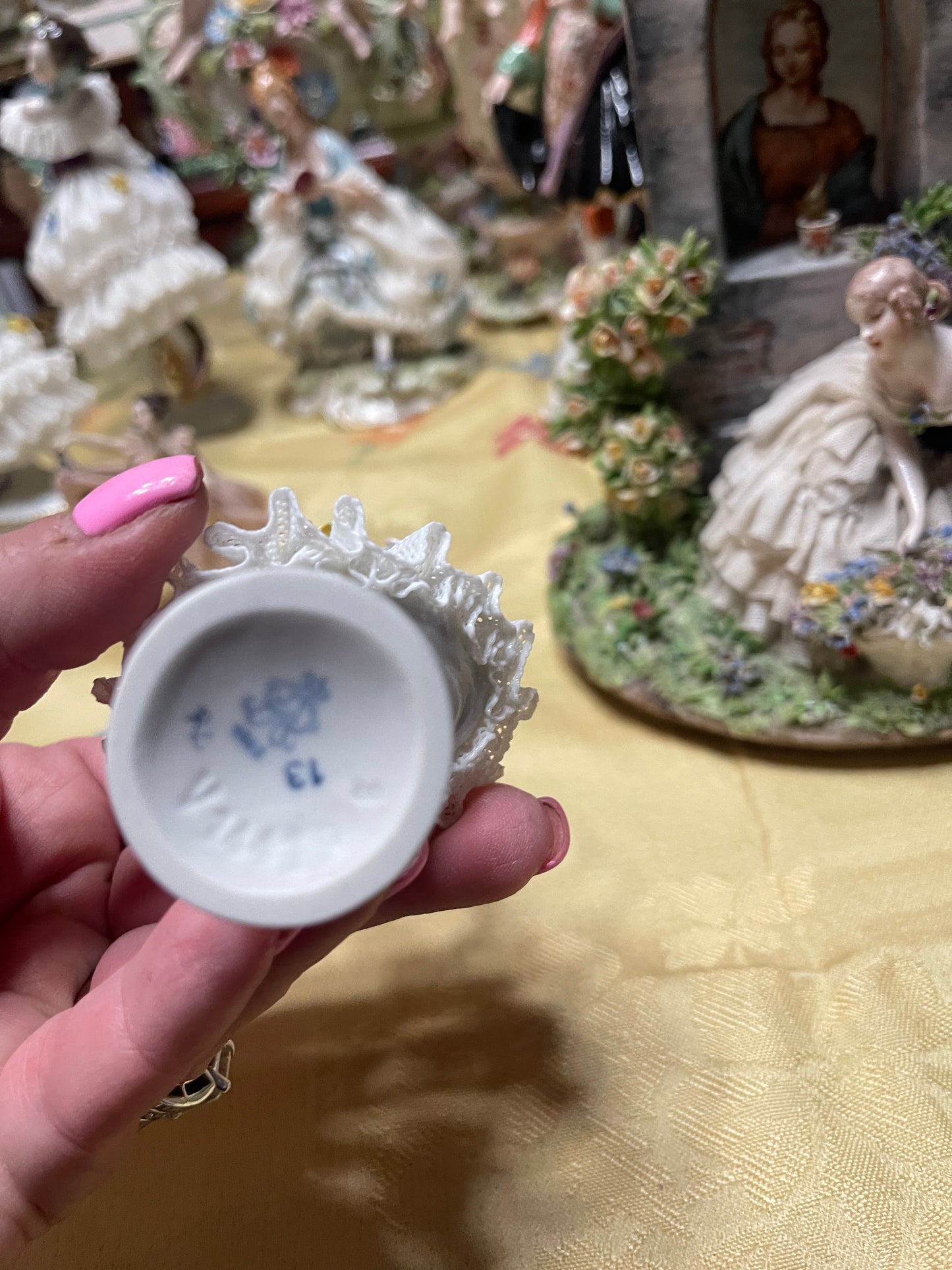 German Porcelain Dresden-Style Lace Dancer Figurine | Vintage European Porcelain in Light Blue and White