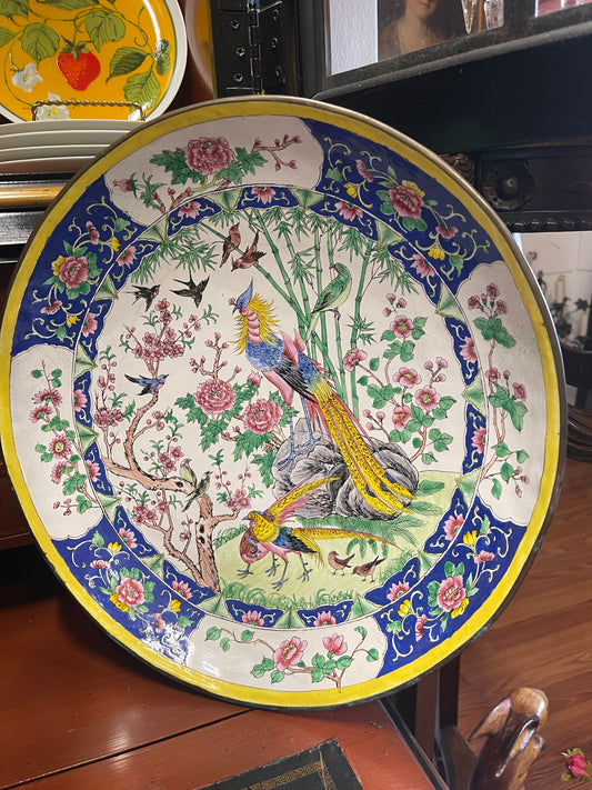 Vintage Chinoiserie Enameled Metal Charger Plate/Shallow Bowl with Phoenix & Floral Motif, Vibrant Colors