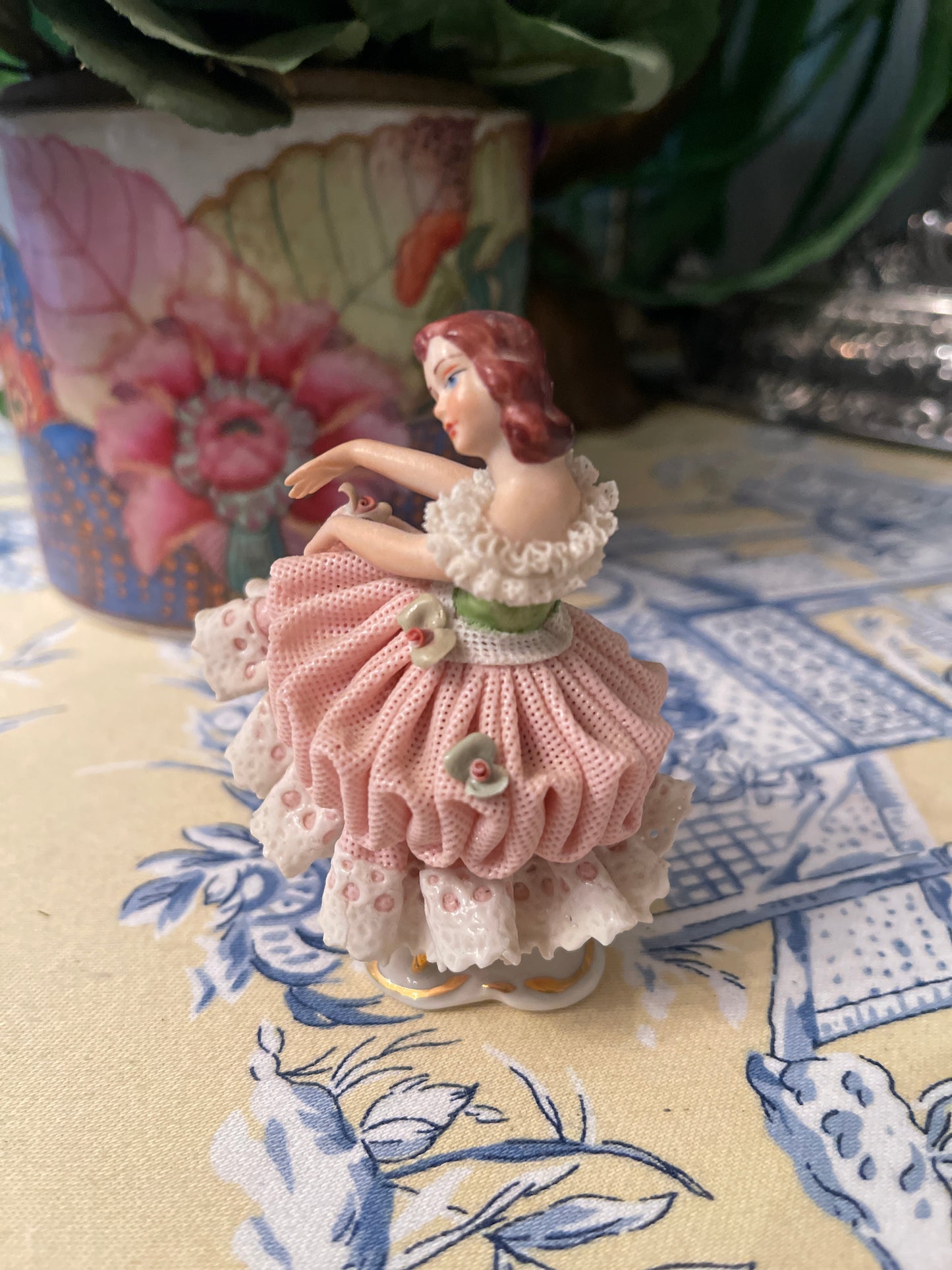 Dresden German Figurine in a pink and green ruffled dress, Vintage Shelf Decor