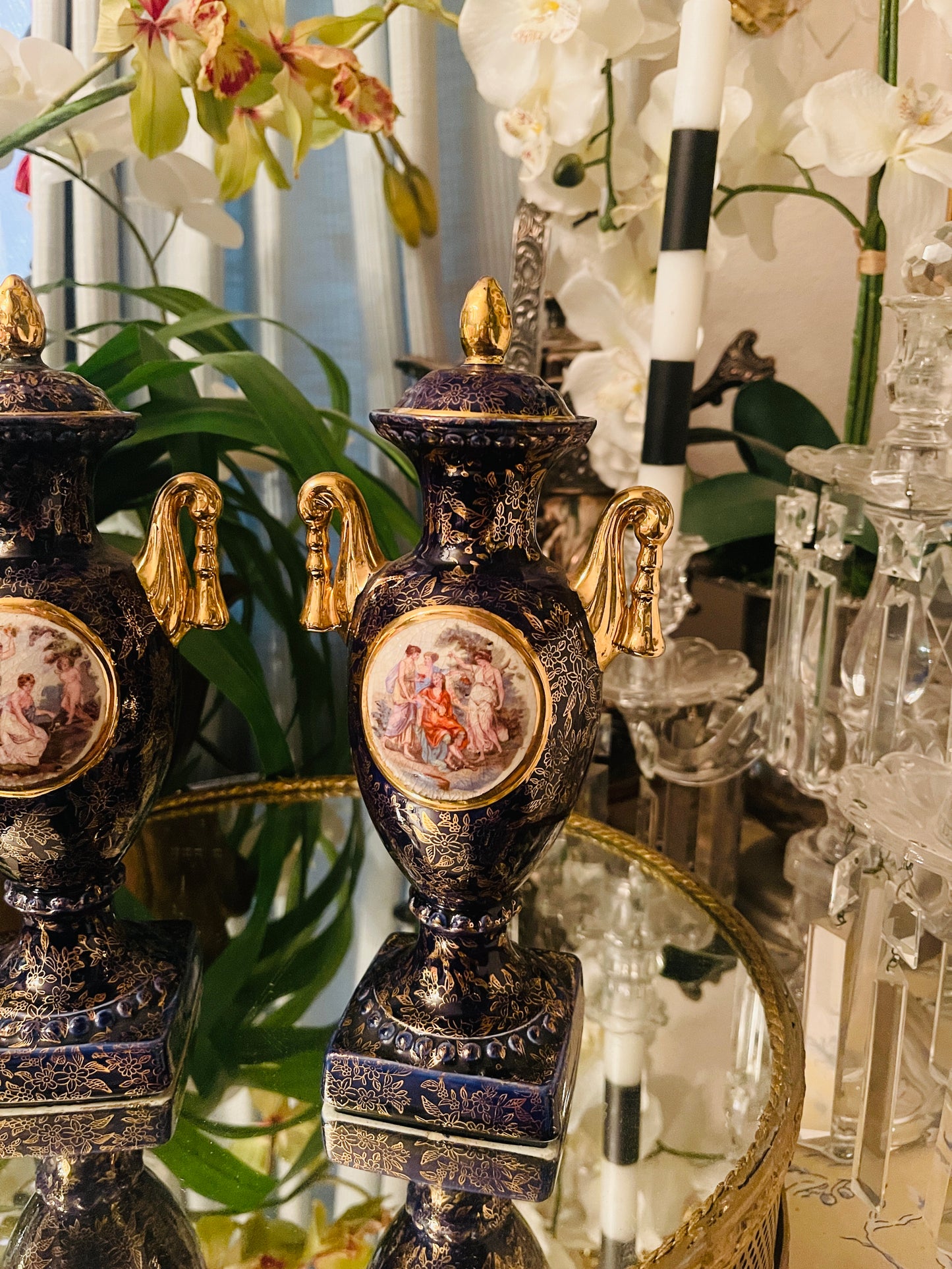 Vintage English Empire Ware Porcelain Urns – Neoclassical Gilt Transferware, Made in England