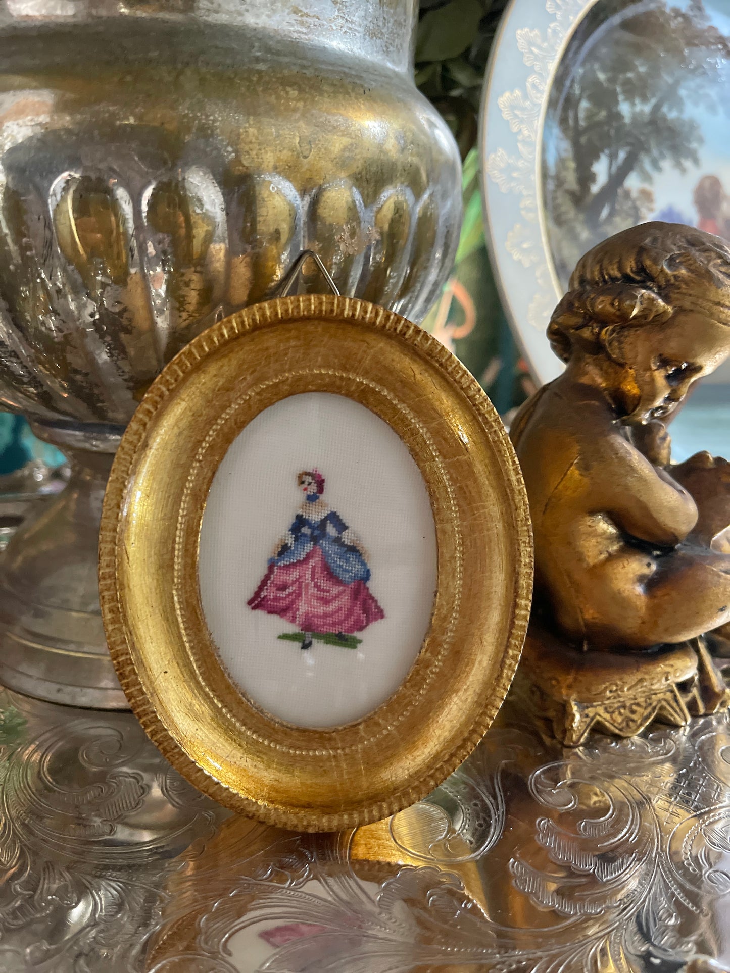 Vintage Petit Point in Gilded Wood Frame