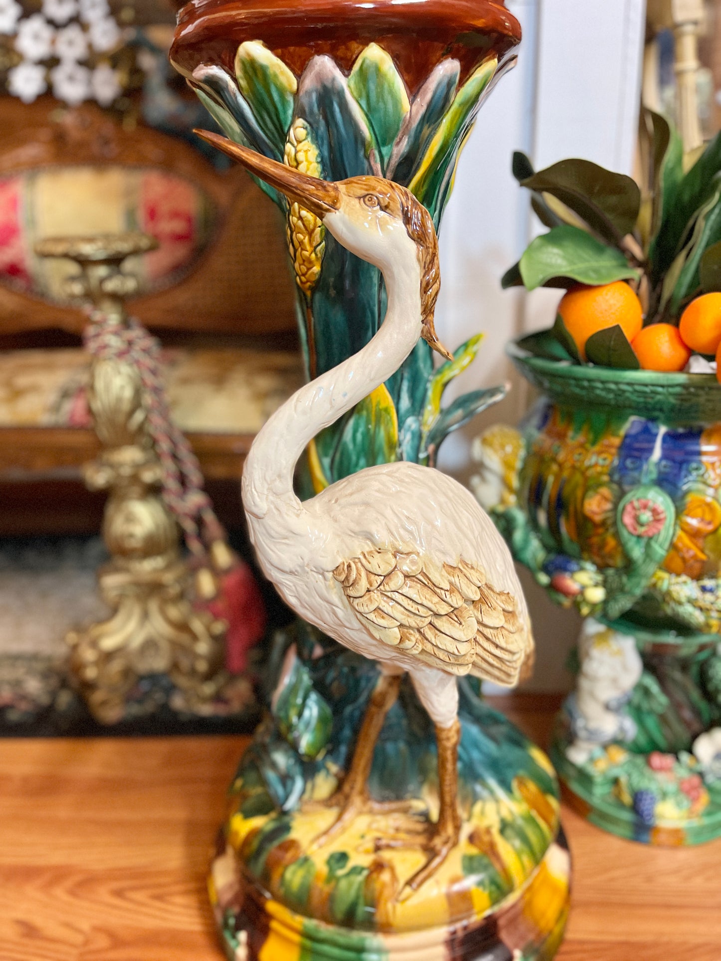 Monumental French Art Nouveau Majolica Jardinière on Heron Stand | Vallauris Style | Palm Beach Chic Coastal Garden Statement Piece