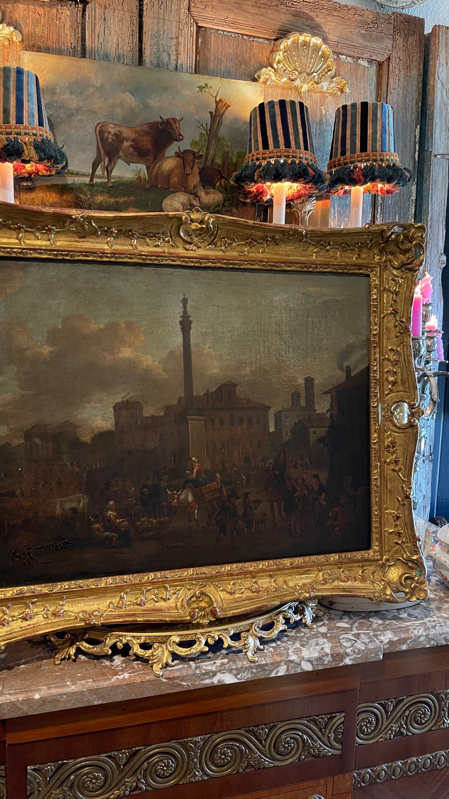 19th-Century European Oil Painting of Market Scene, Florence in an Exceptional Barbizon Frame