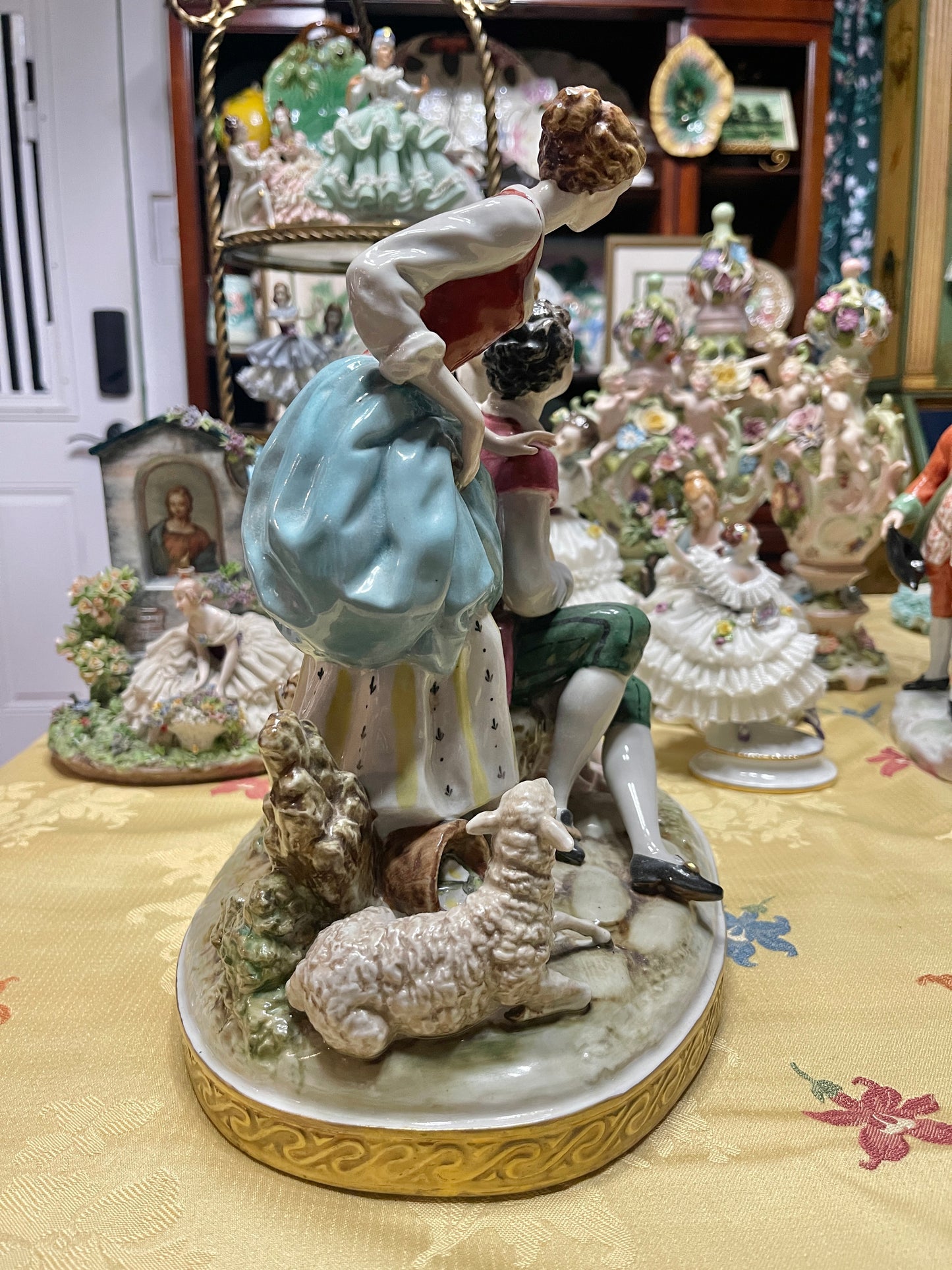 Large Vintage Spanish Porcelain Figural Centerpiece | Rococo Courting Scene with Sheep | 12” Tall