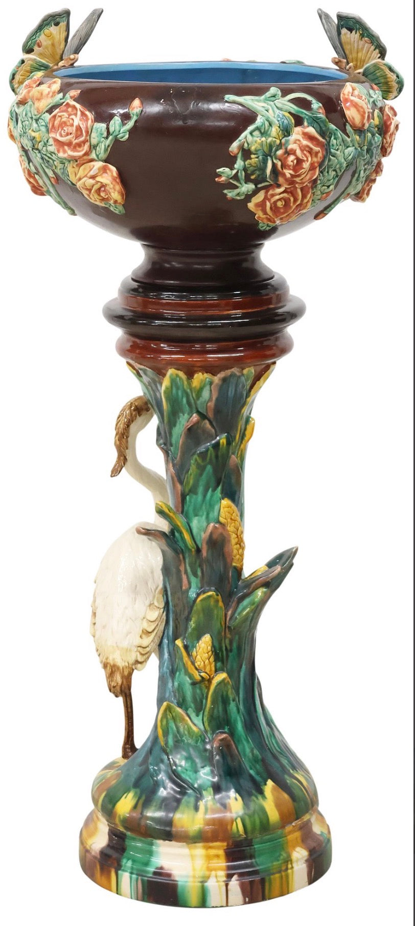 Monumental French Art Nouveau Majolica Jardinière on Heron Stand | Vallauris Style | Palm Beach Chic Coastal Garden Statement Piece