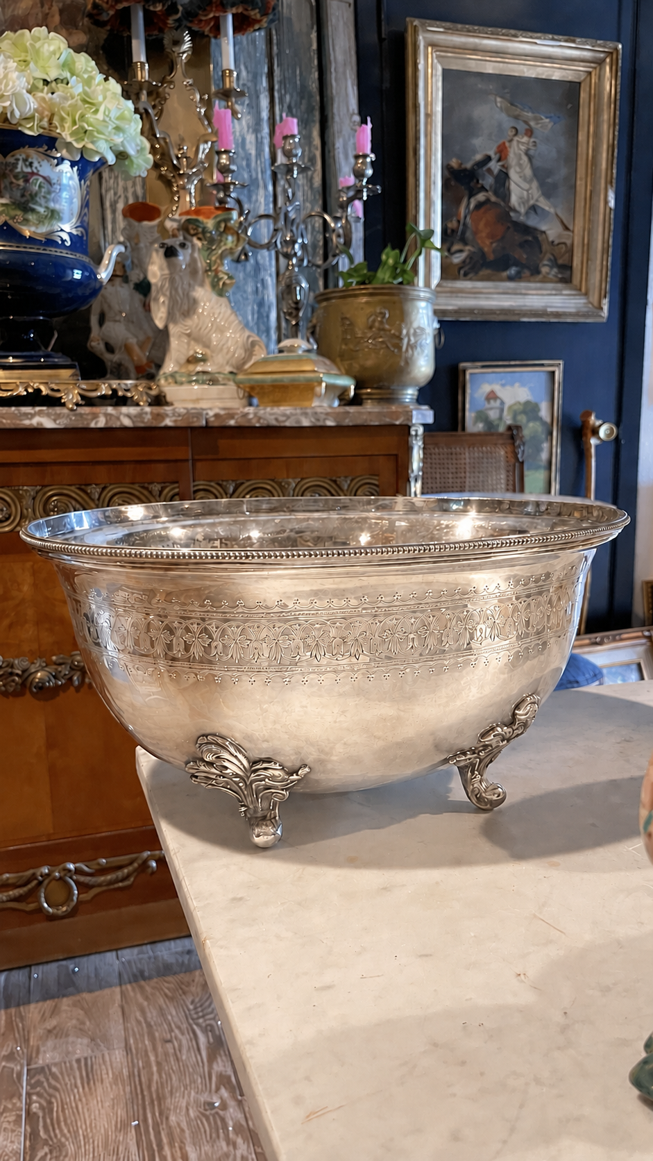 Antique Silverplate Engraved Centerpiece Bowl on French Scroll Feet, Circa 1900–1930