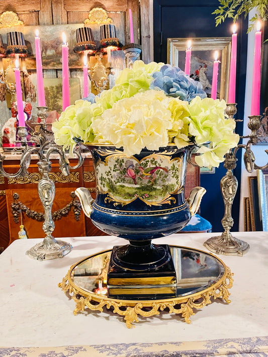Large French-Style Cobalt Porcelain Urn Cachepot with Hand-Painted Birds