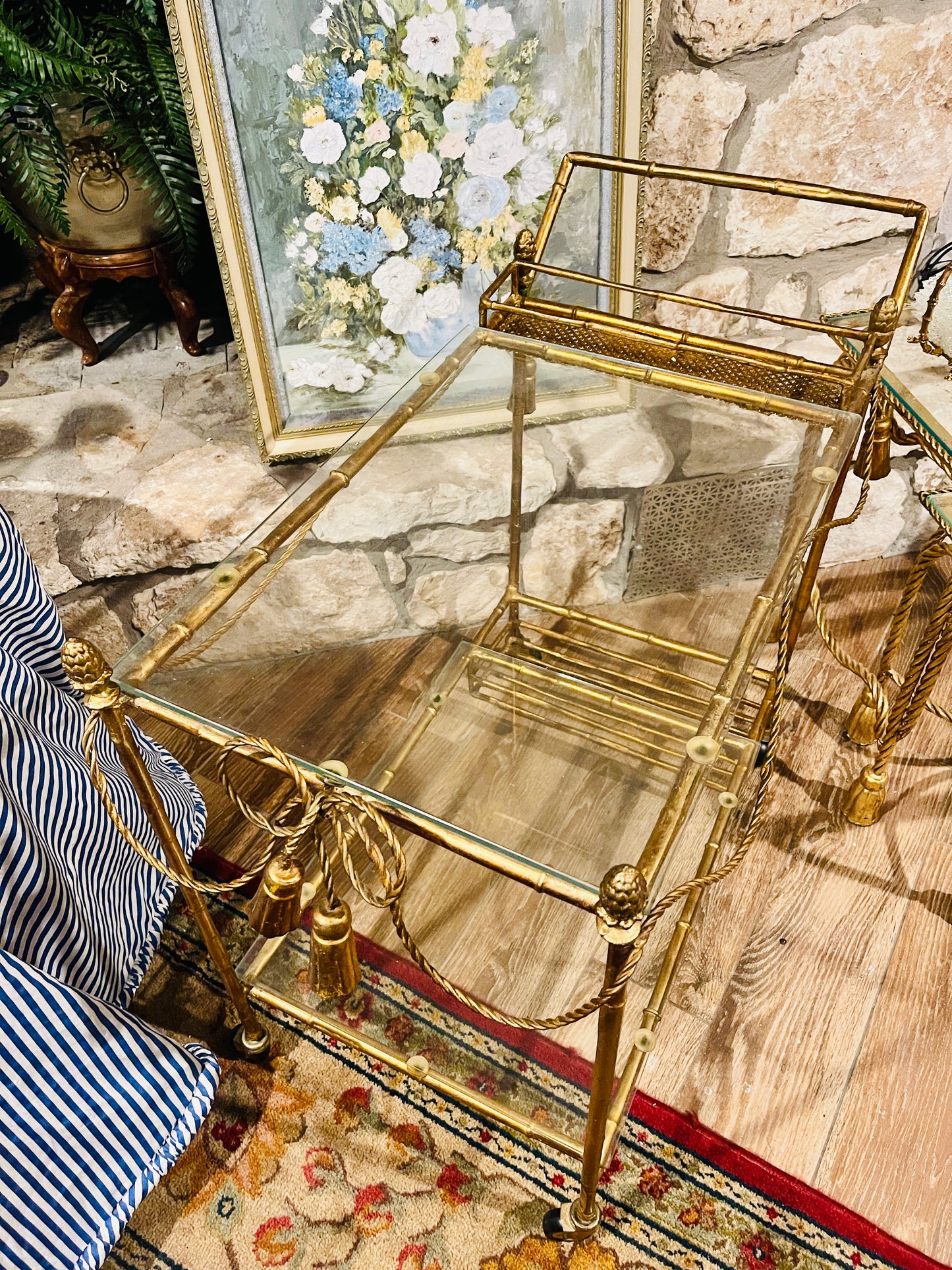 Hollywood Regency Gold Rope and Tassel Bar Cart