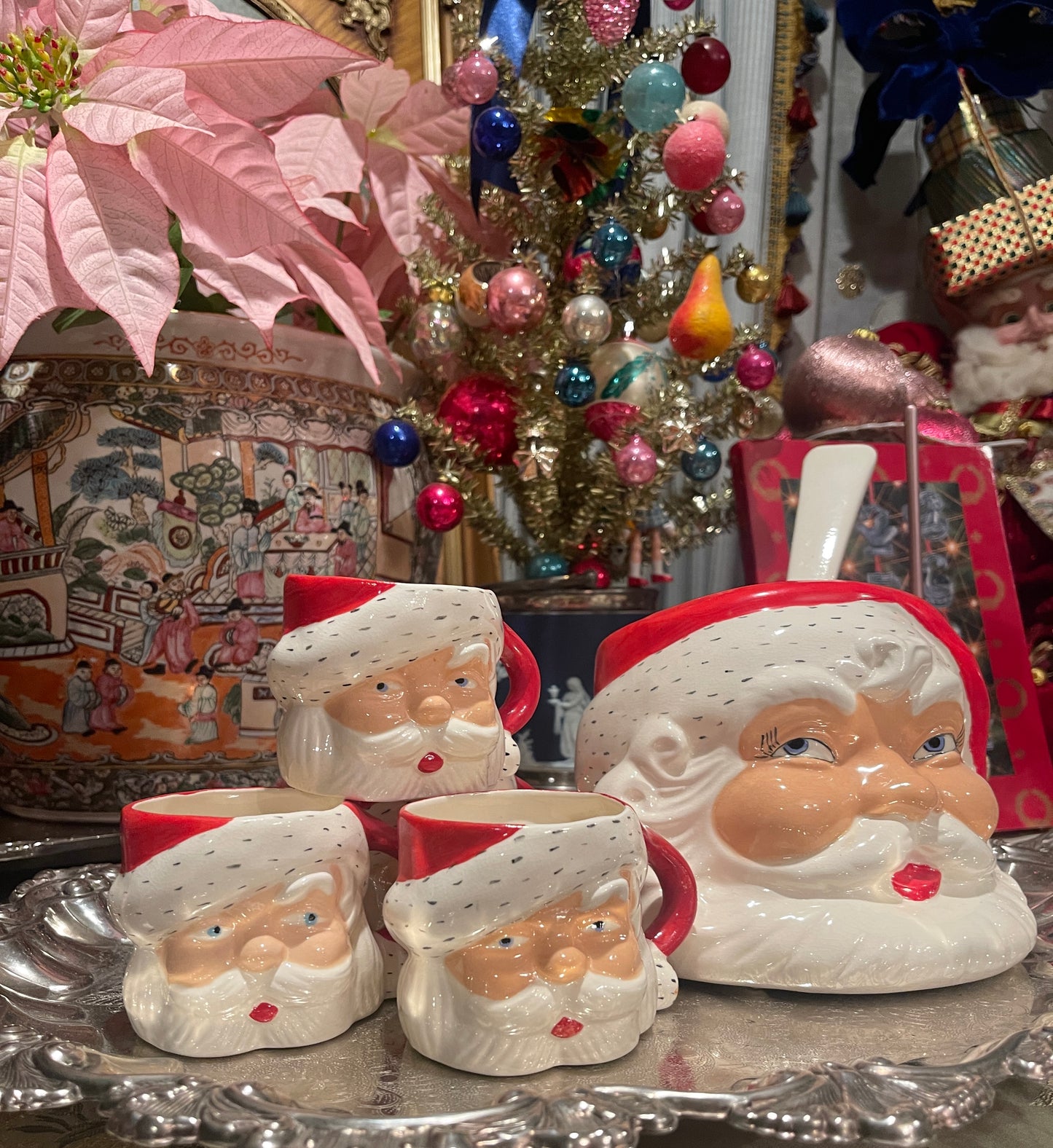 Vintage Santa Punch Bowl, Ladle, and 4 Santa Mug Set