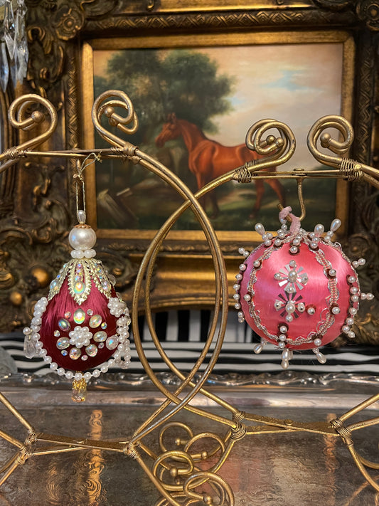 Push Pin Pink, Burgandy and Pearl Christmas Ornaments, Set of 2