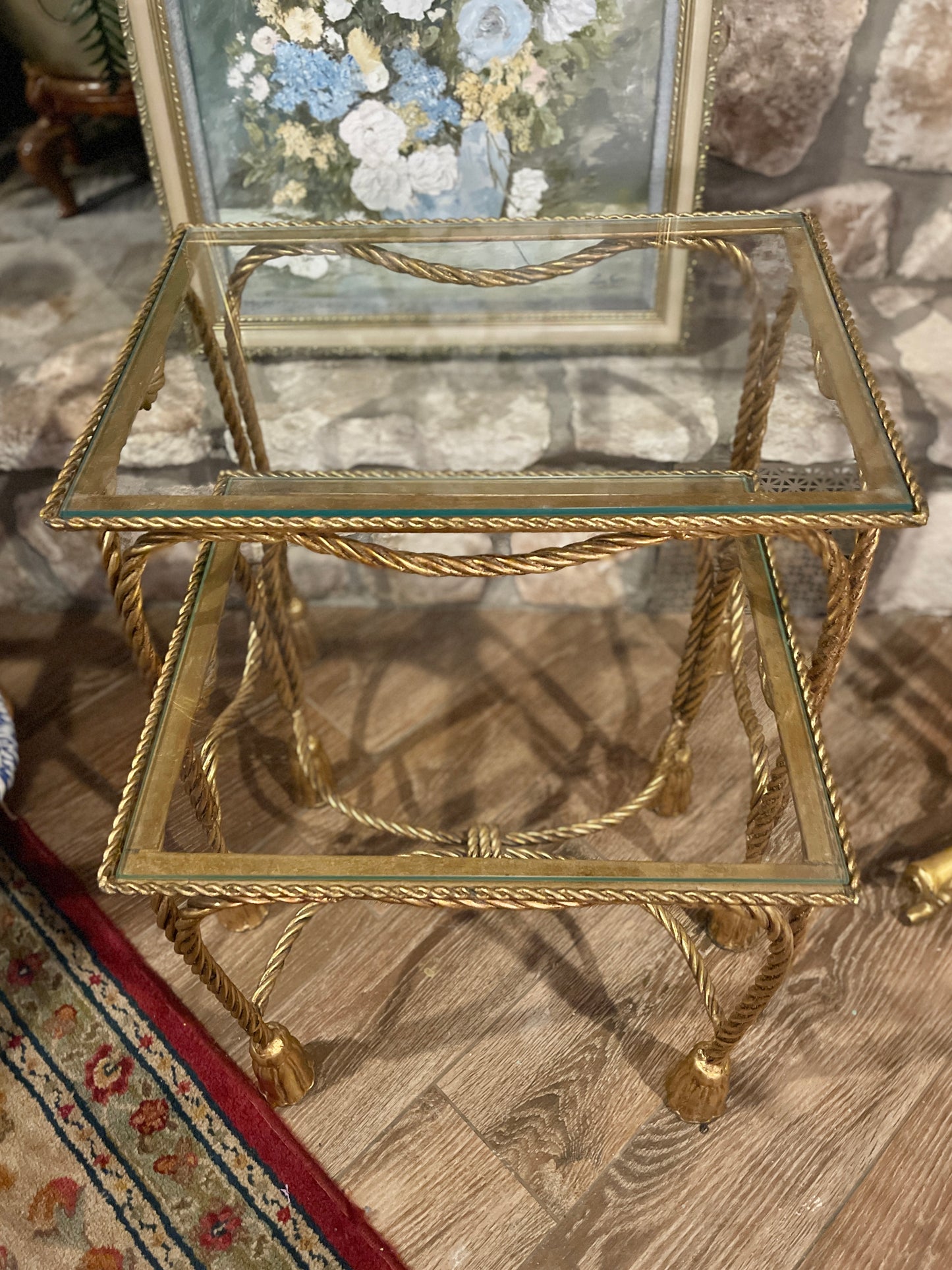 Hollywood Regency Gold Tole Rope and Tassel Nesting Tables