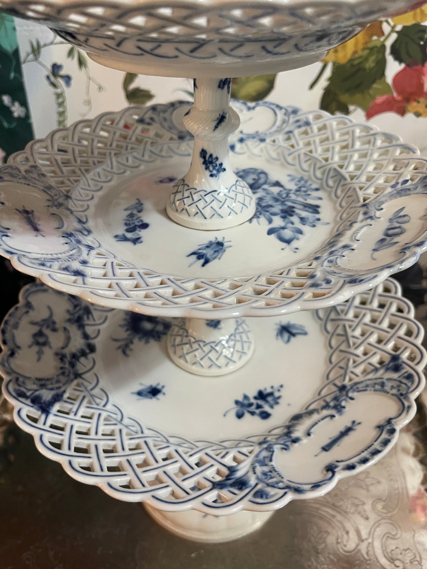 Antique Meissen Figural 3-Tier Blue & White Server with Lady Finial | Rare Porcelain Tiered Tray | 22” Tall