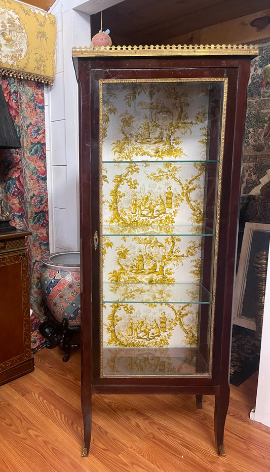 Vintage Mariner Glass Display Cabinet with Golden Chinoiserie Fabric Back & Gilt Gallery, Made in Spain, *PICK UP ONLY*