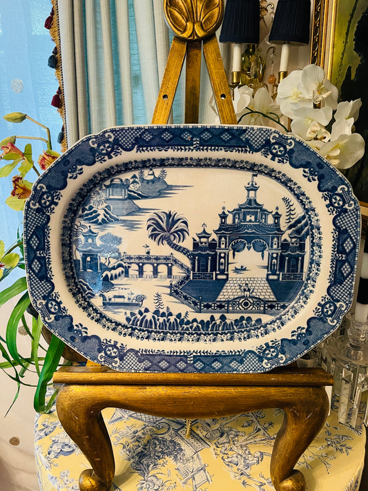 Antique English Chinoiserie Platter – 20” Date Palm & Royal Barge Blue Transferware | Early 1800s Orientalist Pattern Serving Dish