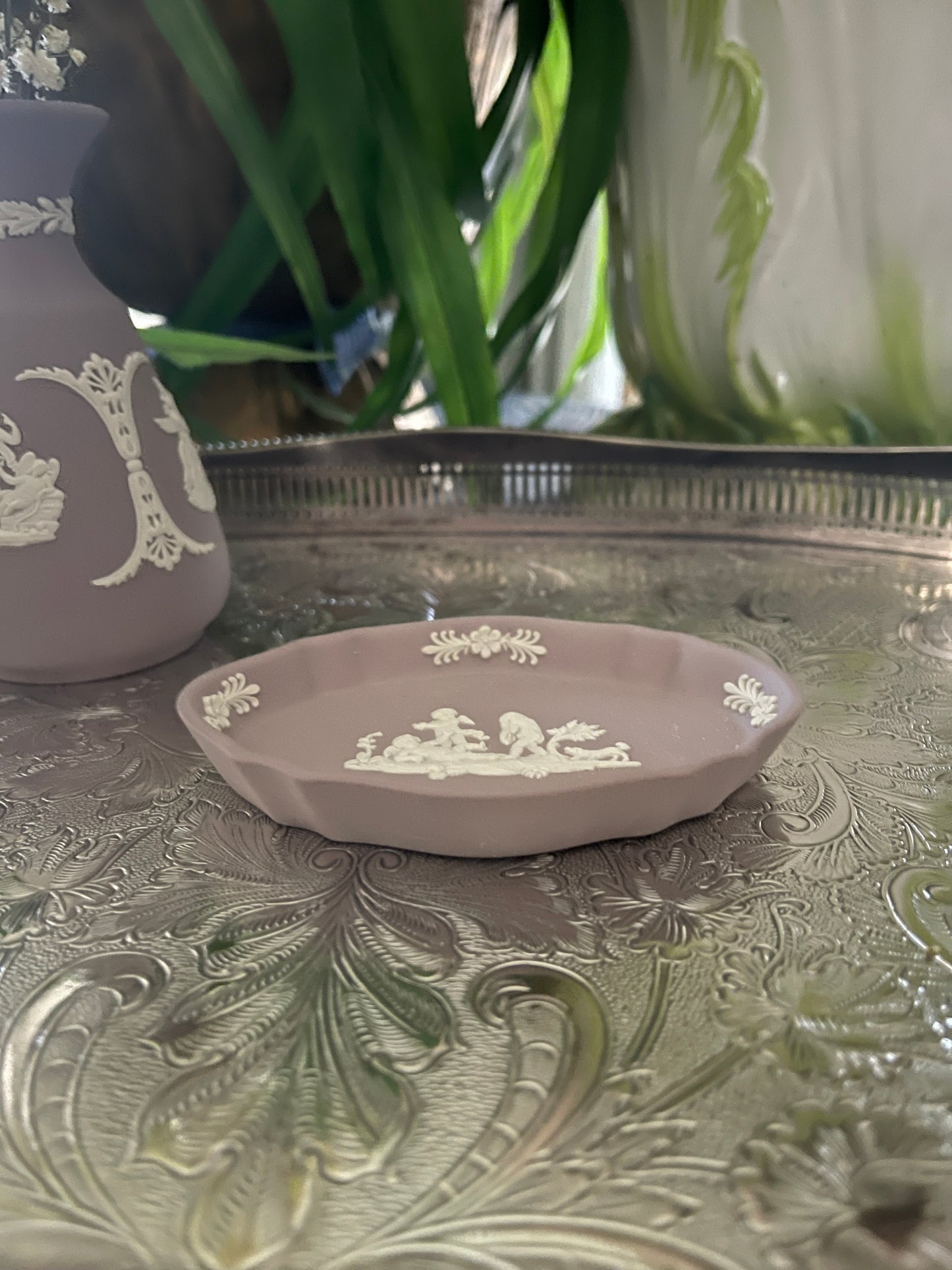 Lilac with Cream Wedgwood Jasperware Putti Silver Tray