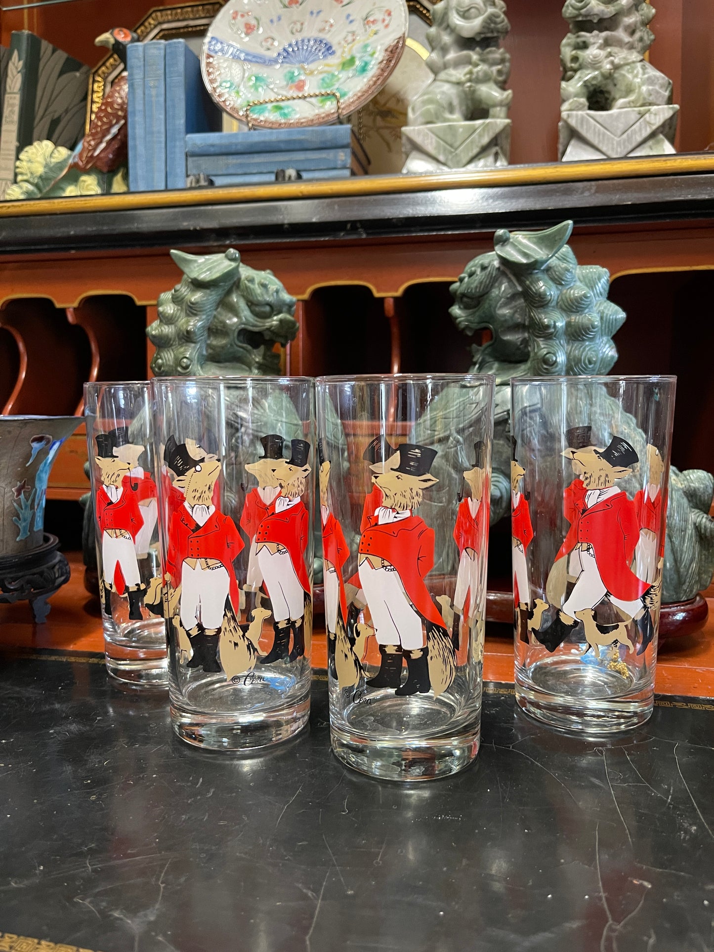 Cera Snooty Fox Equestrian High Ball Glasses - Vintage- Set of 4