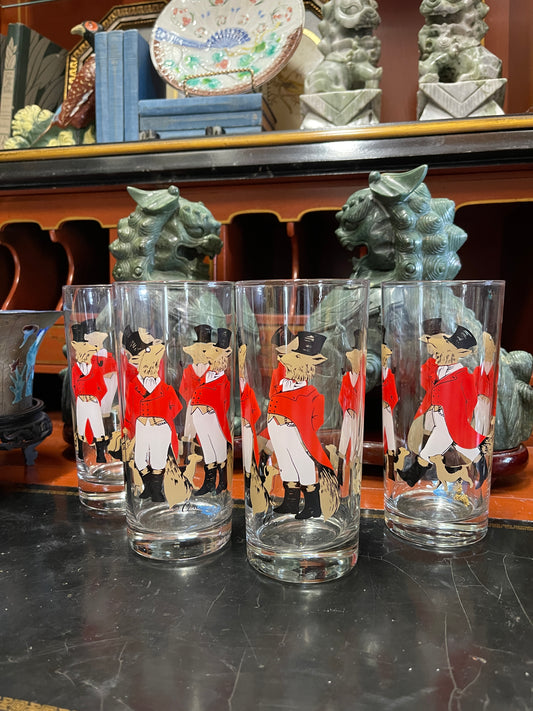 Cera Snooty Fox Equestrian High Ball Glasses - Vintage- Set of 4
