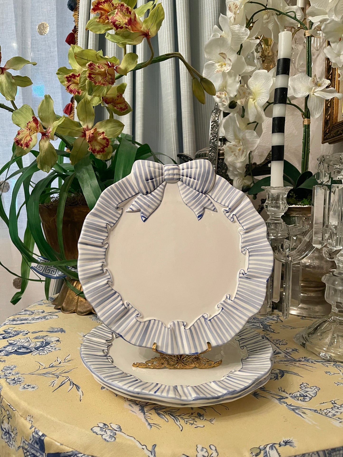 Blue and White Striped Bow  Haldon Group Dinner Plate