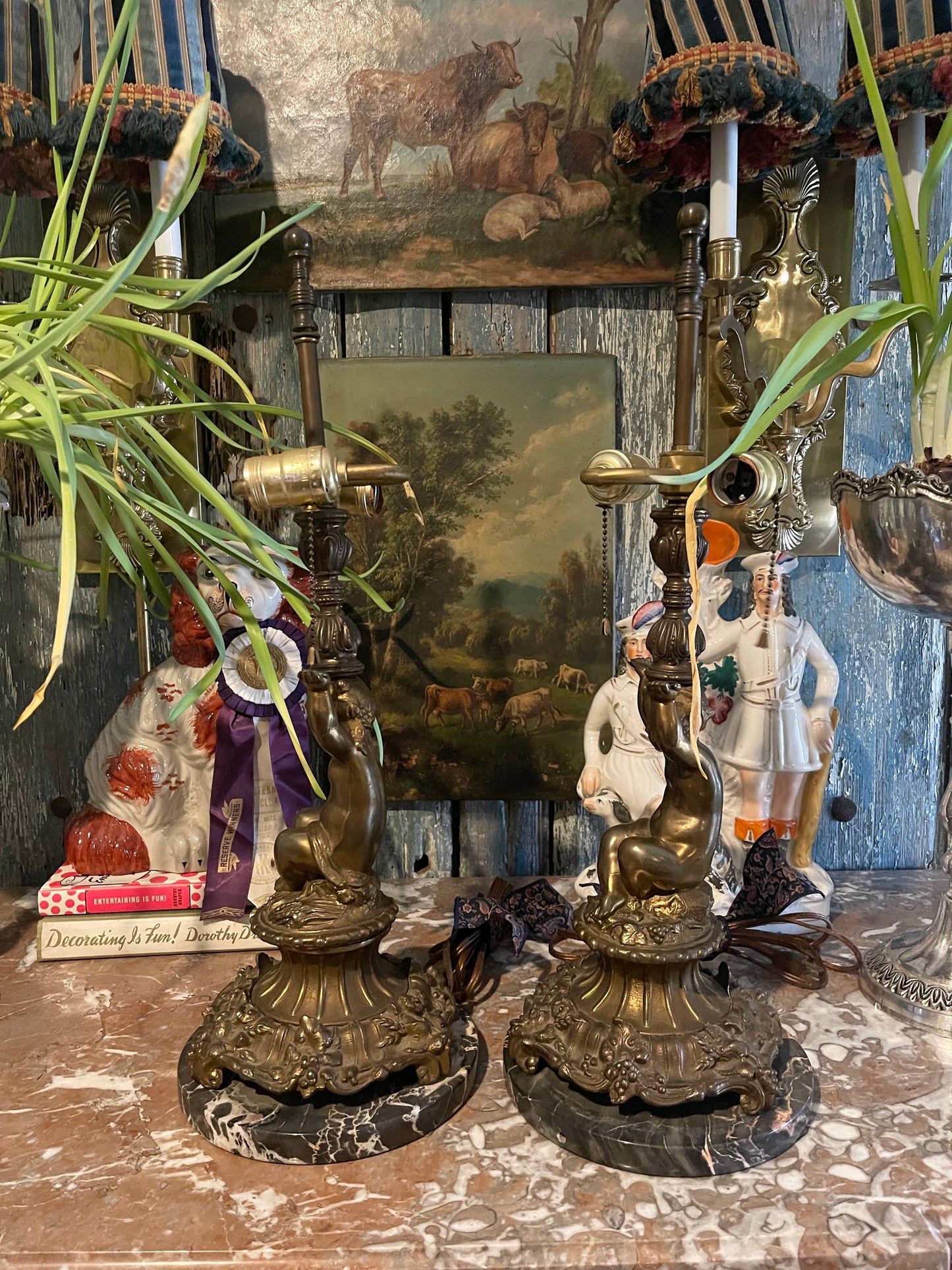 Pair of Neoclassical Brass Ormolu & Marble Table Lamps with Putti Figural Details